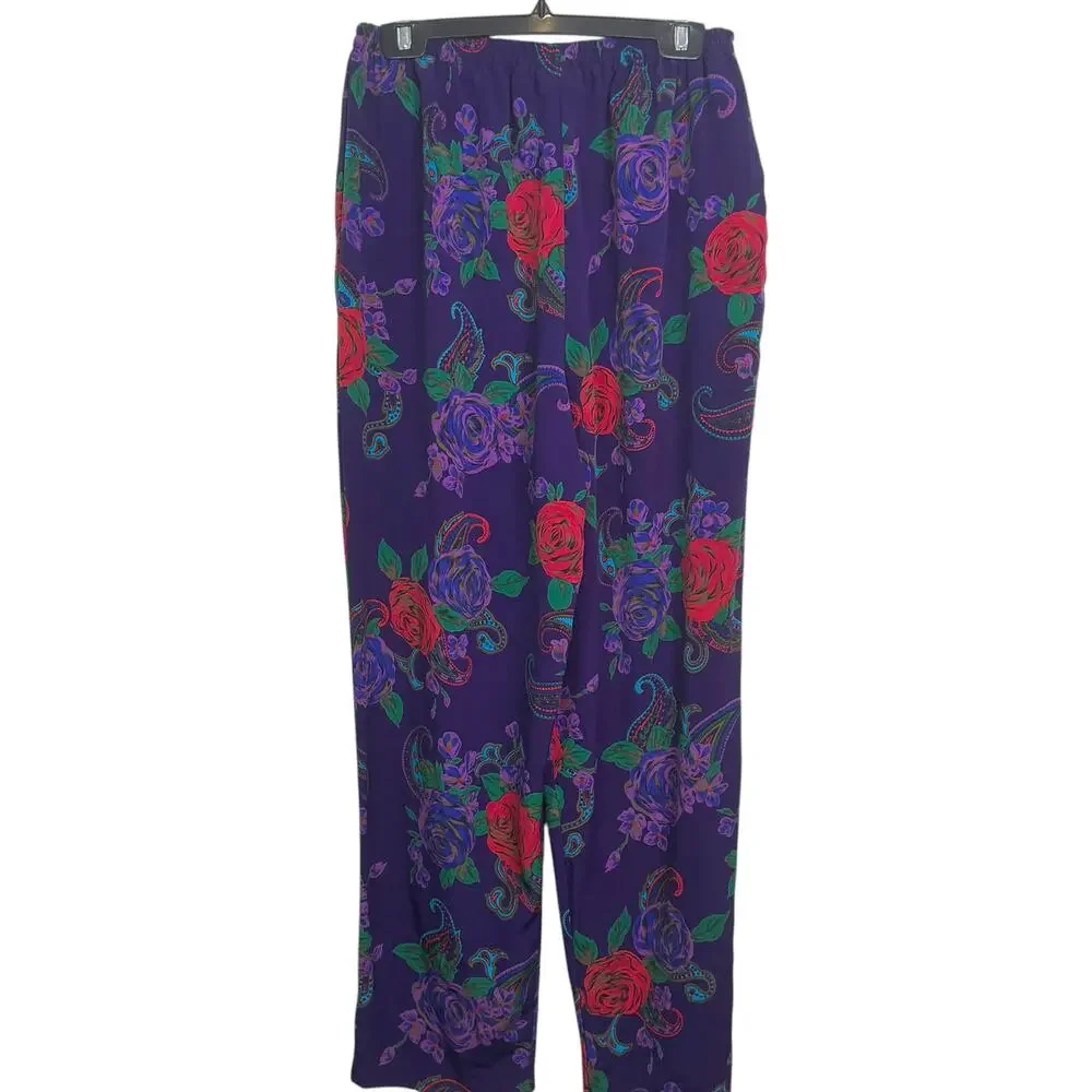Vintage Victoria's Secret Size Medium Purple Red Rose Print Satin Pants